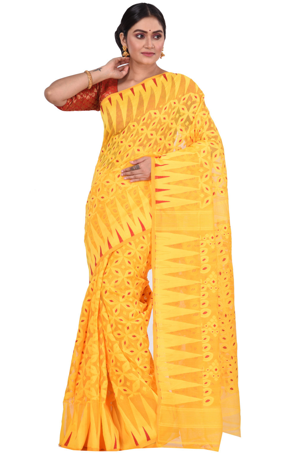 Yellow Pure Cotton Minakari_Jmdni Jamdani Saree (693)